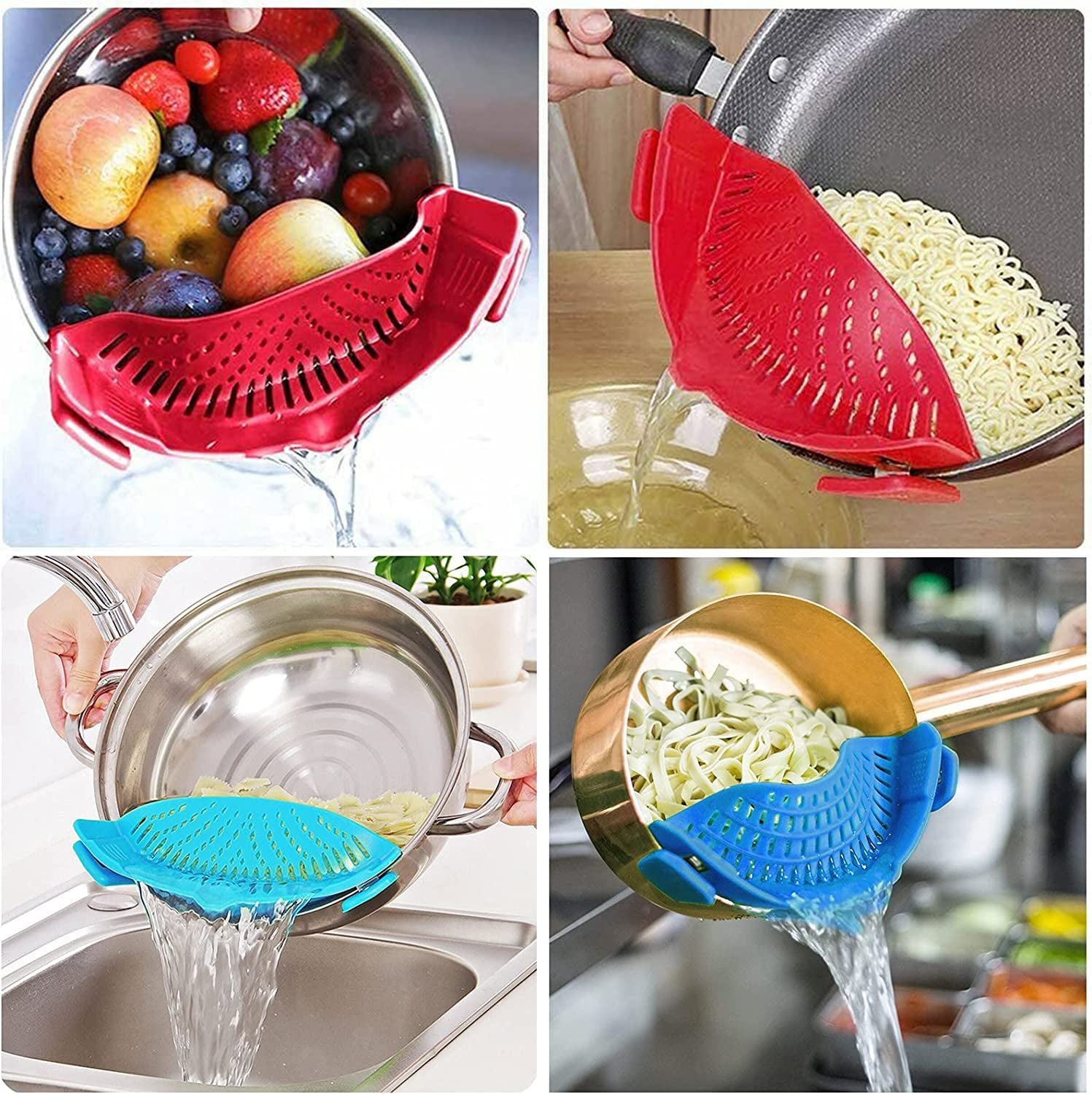 2 Pcs Clip on Strainer, Pot Strainer for Pasta Meat Vegetables Fruit, Silicone Strainer - Fit All Pots and Bowls.