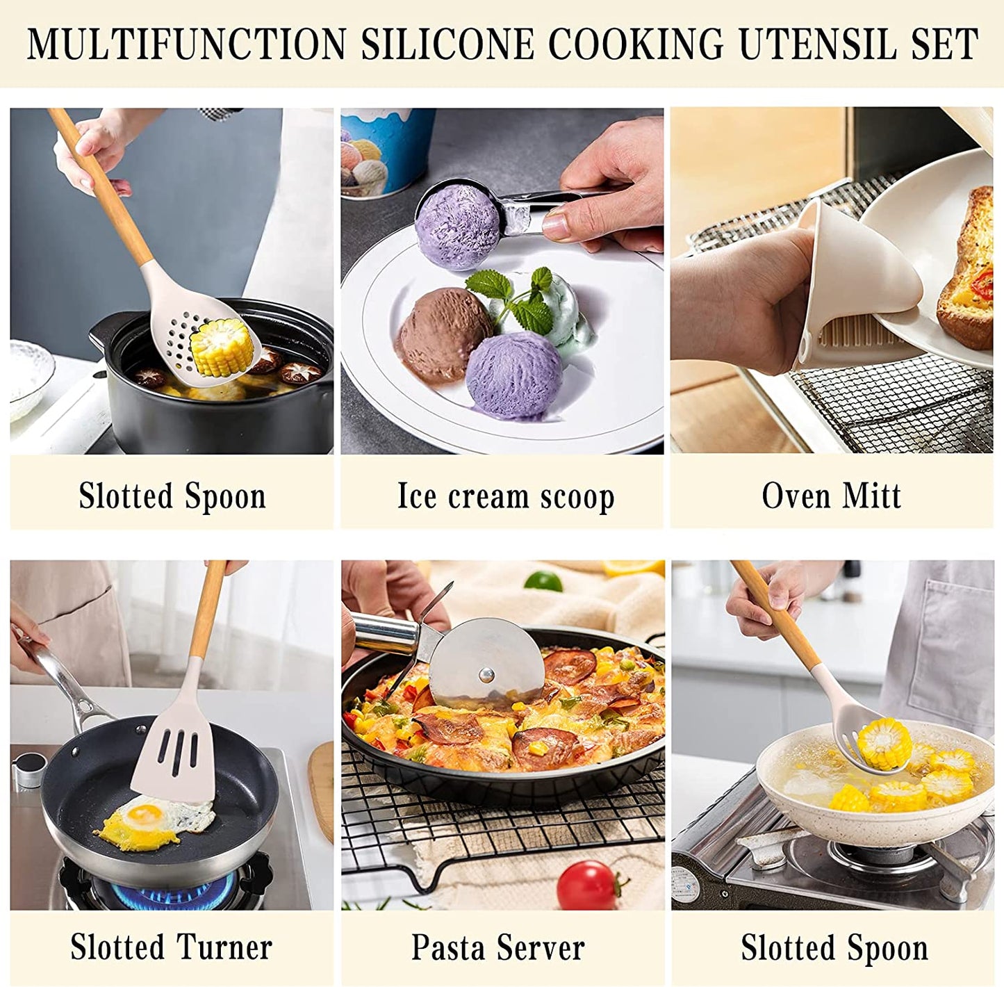 Silicone Cooking Utensil Set, 38 Pcs Silicone Cooking Kitchen Utensils Set with Wooden Handle, Non-Stick Heat Resistant - Best Kitchen Cookware Set- Khaki(Bpa Free, Non Toxic)