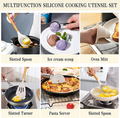 Silicone Cooking Utensil Set, 38 Pcs Silicone Cooking Kitchen Utensils Set with Wooden Handle, Non-Stick Heat Resistant - Best Kitchen Cookware Set- Khaki(Bpa Free, Non Toxic)