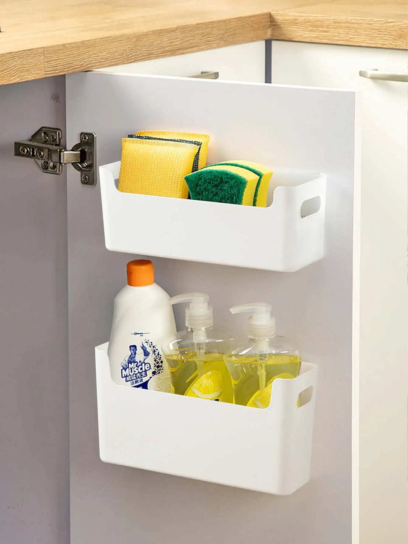 Worthbuy Multifunctional Plastic Storage Rack Holder Punch Free Wall-Mounte Storage Organization Kitchen Cabinet Storage Box