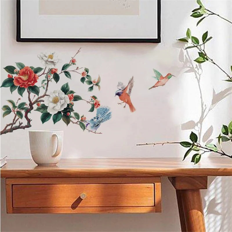 Removable Painted Relief Flowers and Birds on the Tree Branches Wall Stickers for Bedrooms Living Rooms Home Decor Self-Adhesive