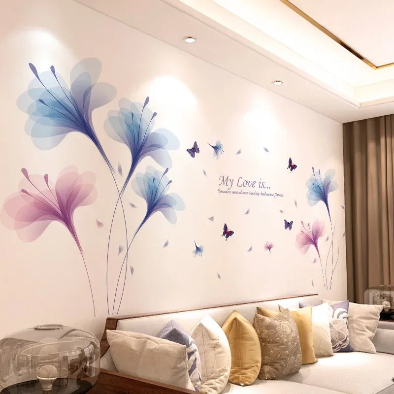 DIY Purple Lavender Living Room Wall Stickers Decor Self-adhesive Flowers Butterfly Wall Decals Mural Bedroom Home Decorations