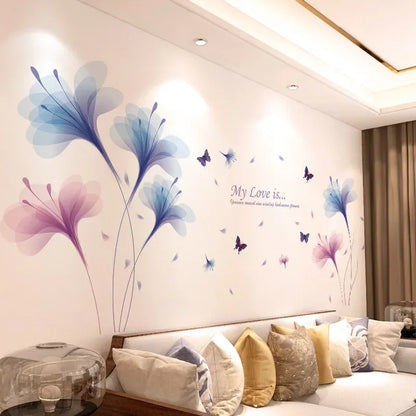 DIY Purple Lavender Living Room Wall Stickers Decor Self-Adhesive Flowers Butterfly Wall Decals Mural Bedroom Home Decorations