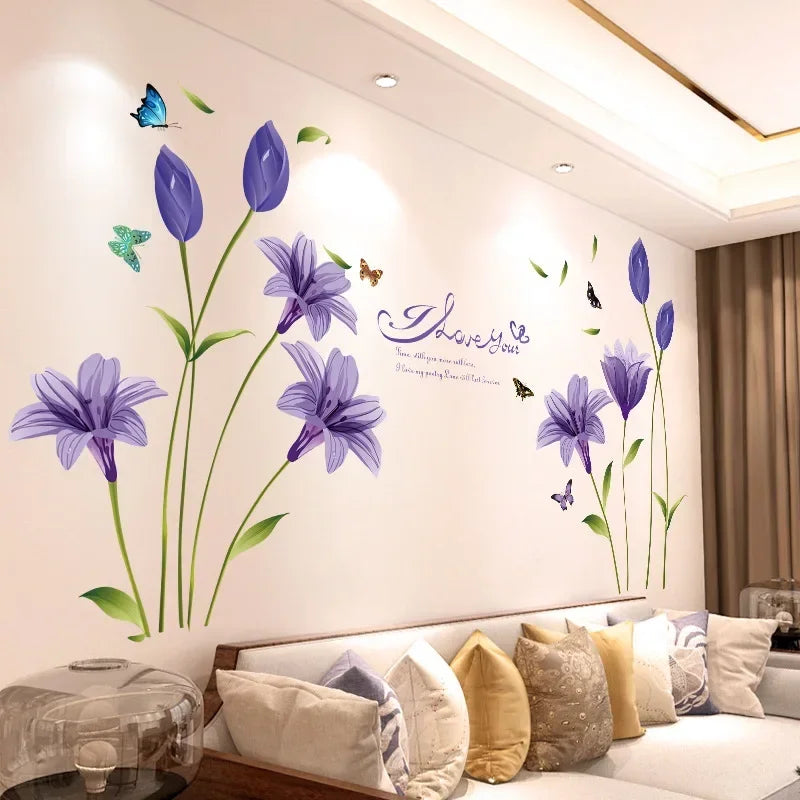 DIY Purple Lavender Living Room Wall Stickers Decor Self-Adhesive Flowers Butterfly Wall Decals Mural Bedroom Home Decorations