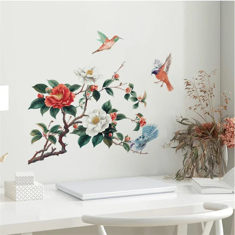 Removable Painted Relief Flowers And birds On The Tree Branches Wall Stickers For Bedrooms Living Rooms Home Decor Self-Adhesive