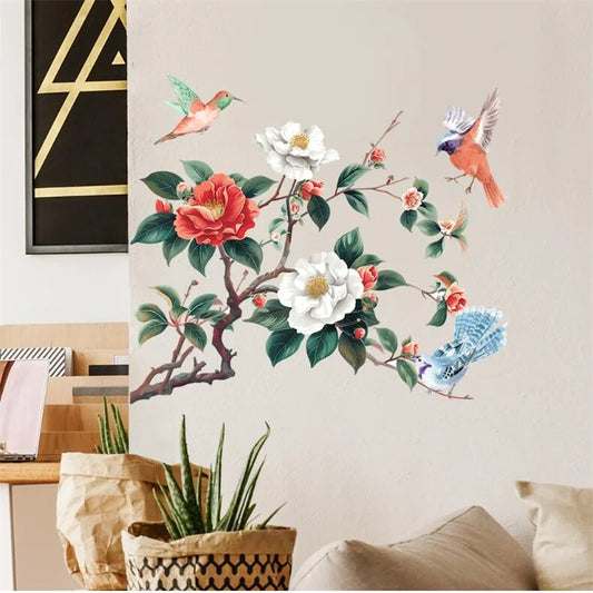 Removable Painted Relief Flowers and Birds on the Tree Branches Wall Stickers for Bedrooms Living Rooms Home Decor Self-Adhesive